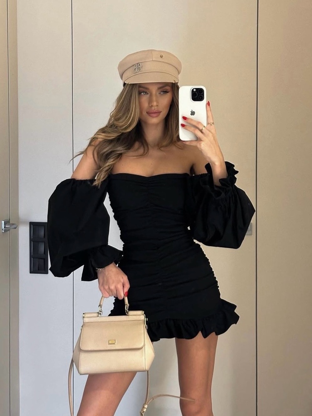 Off-Shoulder Black Mini Dress with Voluminous Sleeves